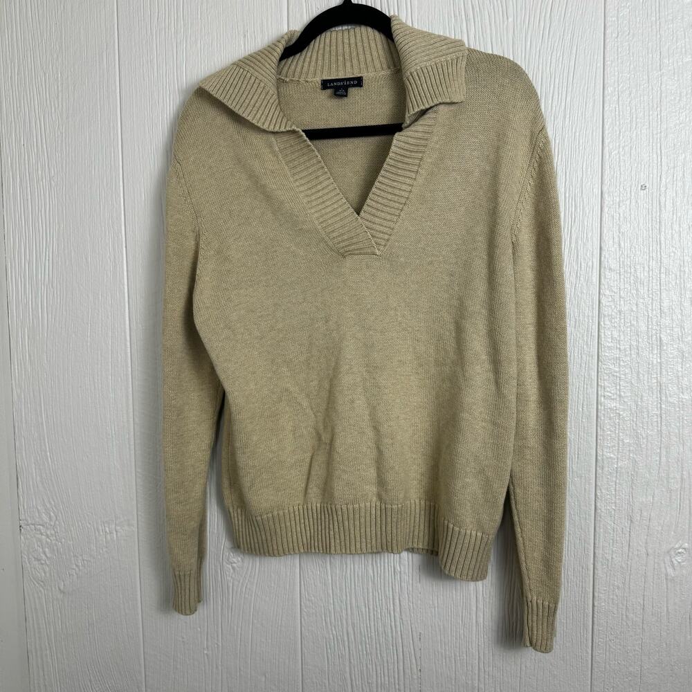 Lands' End Collared V-Neck Sweater Tan Youth Large 14-16 Preppy 100% Cotton - Picture 8 of 8